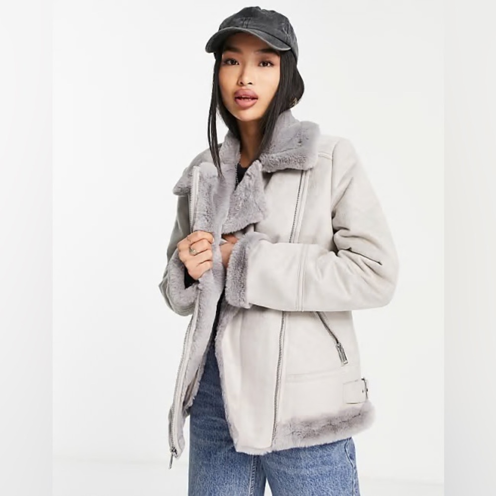 Hollister Faux Shearling Moto Jacket in Silvery Gray
